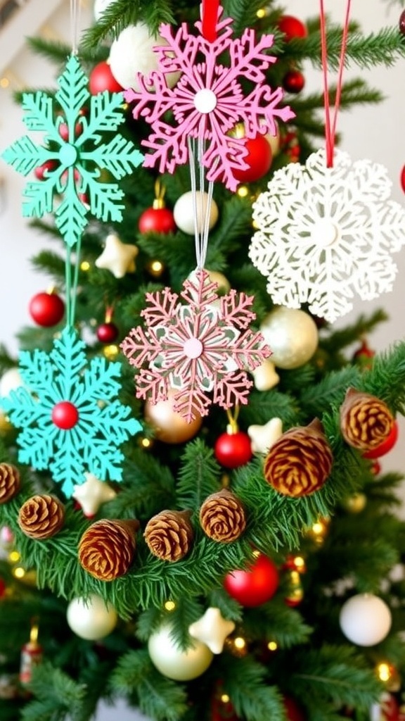 Creative Christmas Tree Arts and Crafts Ideas A collection of Christmas tree crafts including paper snowflakes, painted pinecones, and a garland, set against a decorated Christmas tree.